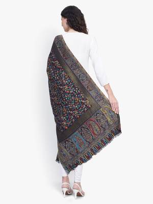 Women Fine Wool Black Kaani Jaal with Zari Border Stole 2