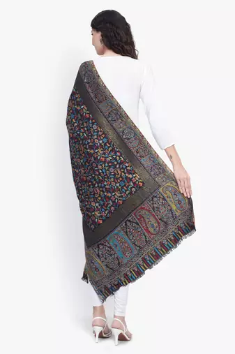 Women Fine Wool Black Kaani Jaal with Zari Border Stole