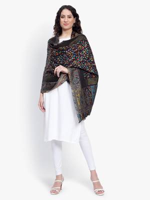 Women Fine Wool Black Kaani Jaal with Zari Border Stole 3