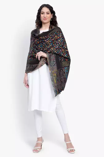 Women Fine Wool Black Kaani Jaal with Zari Border Stole
