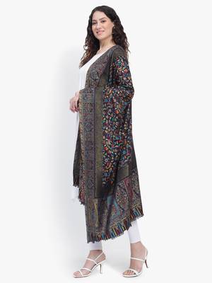 Women Fine Wool Black Kaani Jaal with Zari Border Stole 4