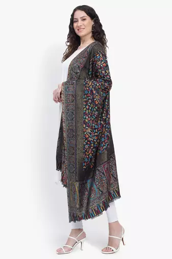 Women Fine Wool Black Kaani Jaal with Zari Border Stole