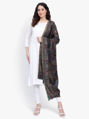 Women Fine Wool Black Kaani Jaal with Zari Border Stole 5