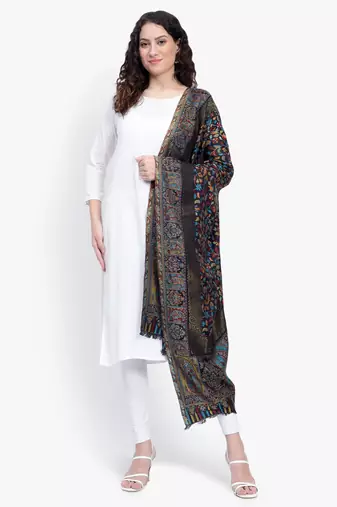 Women Fine Wool Black Kaani Jaal with Zari Border Stole