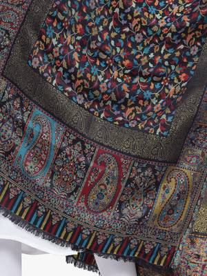 Women Fine Wool Black Kaani Jaal with Zari Border Stole 6