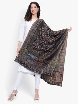 Women Fine Wool Black Kaani Jaal with Zari Border Stole 1