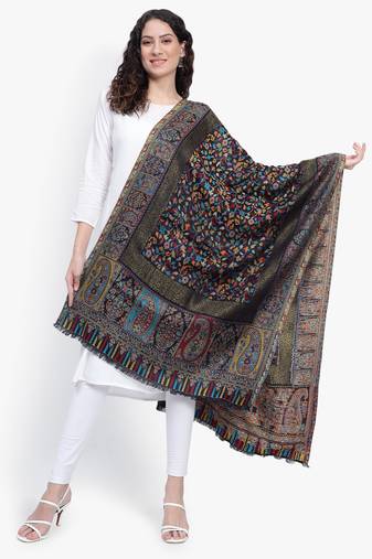Women Fine Wool Black Kaani Jaal with Zari Border Stole