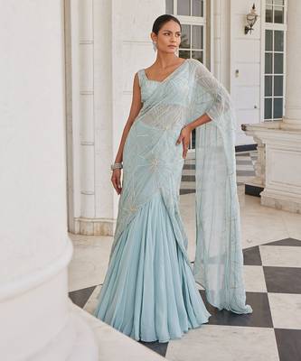 Aqua blue siddra pre drapped saree set 1