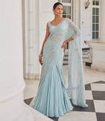 Aqua blue siddra pre drapped saree set