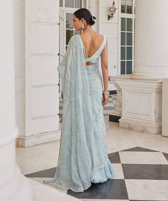 Aqua blue siddra pre drapped saree set 2
