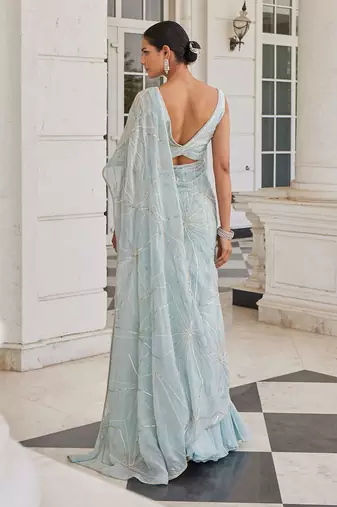 Aqua blue siddra pre drapped saree set