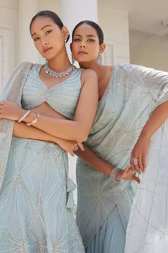 Aqua blue siddra pre drapped saree set