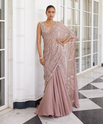 Salmon pink sithara pre drapped saree set 1