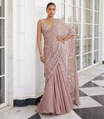 Salmon pink sithara pre drapped saree set