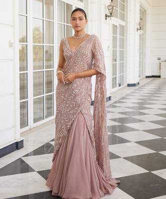 Salmon pink sithara pre drapped saree set 2