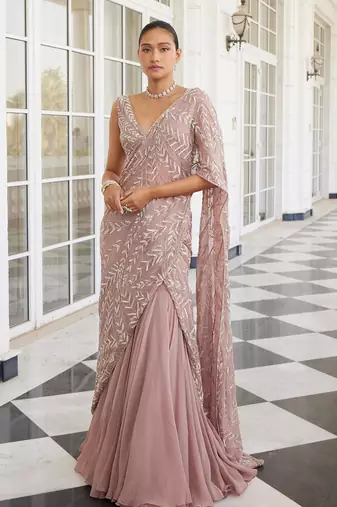 Salmon pink sithara pre drapped saree set
