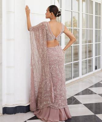 Salmon pink sithara pre drapped saree set 3