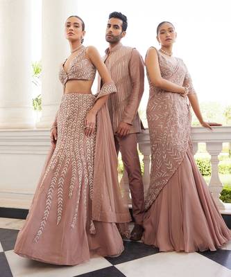 Salmon pink sithara pre drapped saree set 4