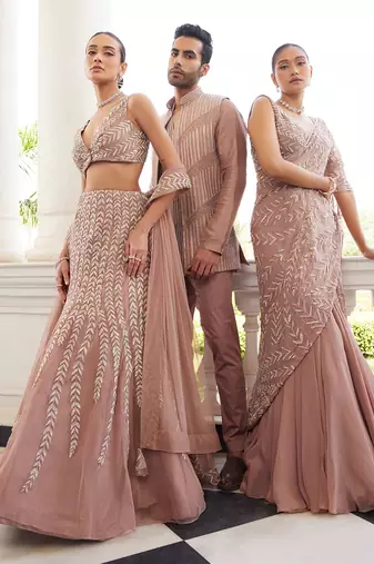 Salmon pink sithara pre drapped saree set