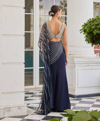 Navy blue soheila pre drapped saree set 2
