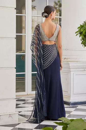 Navy blue soheila pre drapped saree set