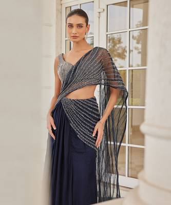 Navy blue soheila pre drapped saree set 3