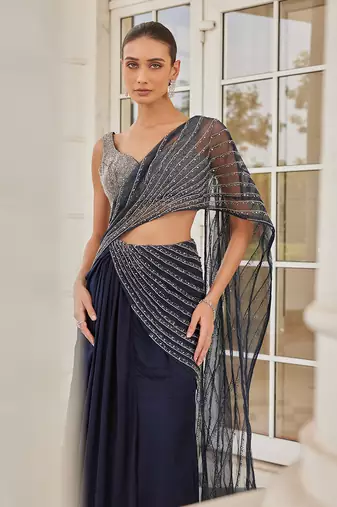 Navy blue soheila pre drapped saree set