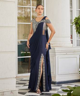 Navy blue sowri pre drapped saree gown 1