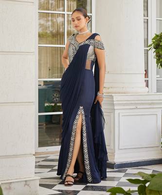 Navy blue sowri pre drapped saree gown 2
