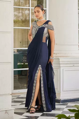 Navy blue sowri pre drapped saree gown
