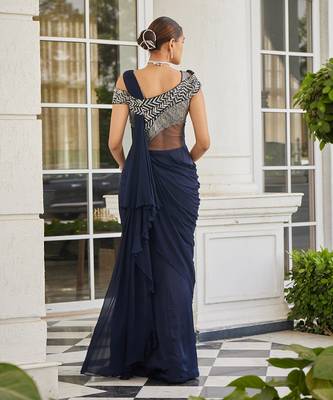 Navy blue sowri pre drapped saree gown 3