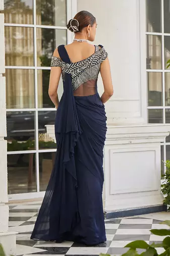 Navy blue sowri pre drapped saree gown