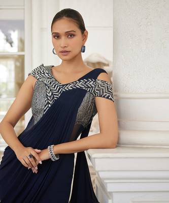 Navy blue sowri pre drapped saree gown 4