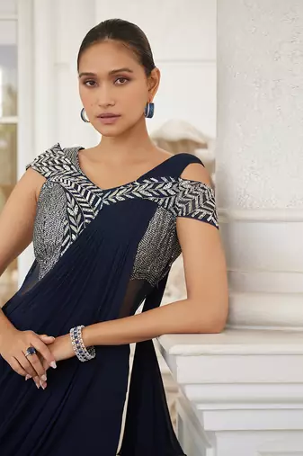 Navy blue sowri pre drapped saree gown