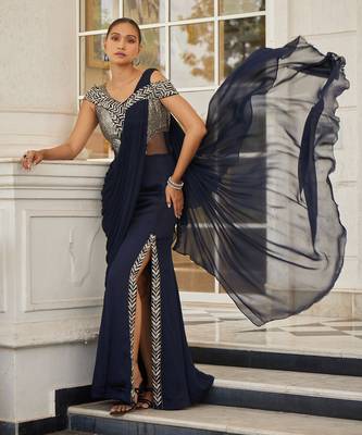 Navy blue sowri pre drapped saree gown 5