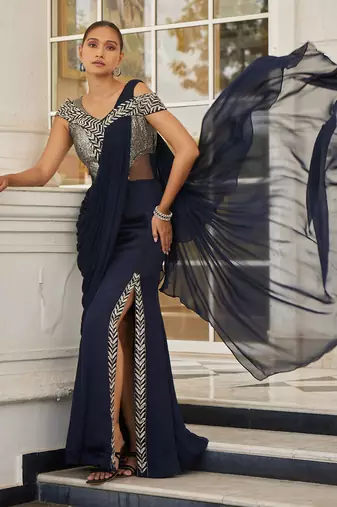 Navy blue sowri pre drapped saree gown