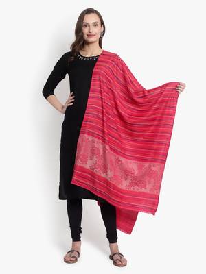 Mizash Women Fine Wool, Pink Designer Stripes Soft Woven Stole / Shawl 2
