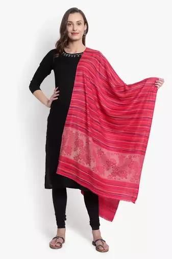 Mizash Women Fine Wool, Pink Designer Stripes Soft Woven Stole / Shawl