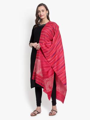 Mizash Women Fine Wool, Pink Designer Stripes Soft Woven Stole / Shawl 3