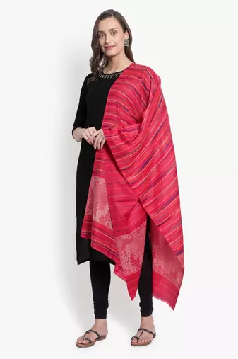 Mizash Women Fine Wool, Pink Designer Stripes Soft Woven Stole / Shawl