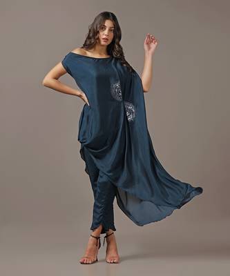 Teal blue off shoulder top with pants 1