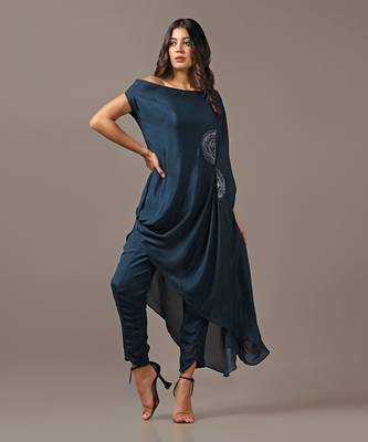 Teal blue off shoulder top with pants 2