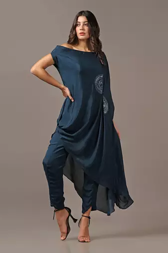 Teal blue off shoulder top with pants