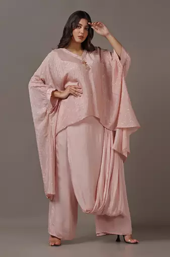 Pink kaftan set with drape pants