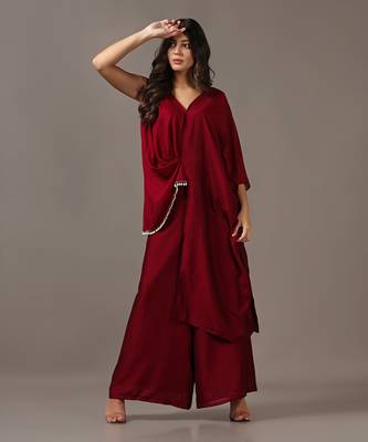 Wine assymetrical top with flared pants 1