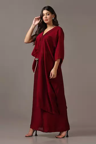 Wine assymetrical top with flared pants