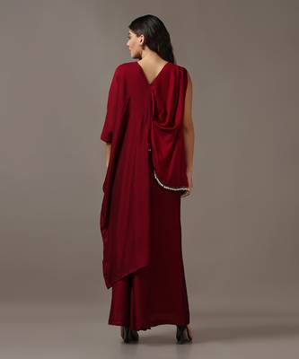 Wine assymetrical top with flared pants 3