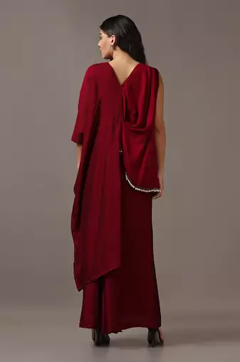 Wine assymetrical top with flared pants