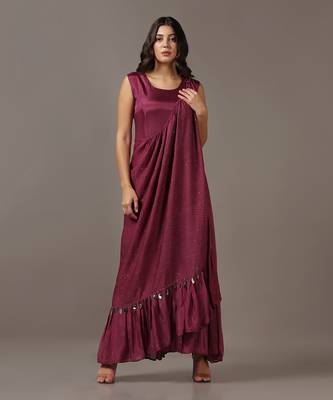 Wine gown with one shoulder drape cape 1