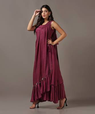 Wine gown with one shoulder drape cape 2